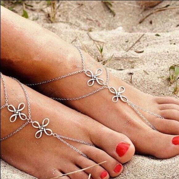 Silver Barefoot Boho Toe Loop Adjustable Ankle Anklets Set NEW - Picture 3 of 4